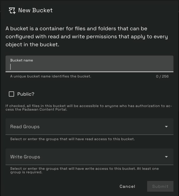 Screenshot of new bucket dialog